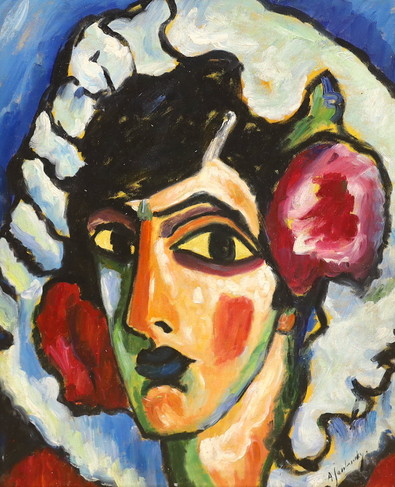 After Alexej Von Jawlensky (Russian, 1864-1941), oil on board, Portrait of a lady, 47 x 37cm
